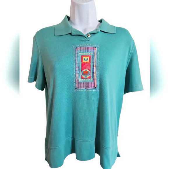 Koret Francisca Womens Small Teal Green Patchwork Polo Shirt Vintage Preppy 80s - Picture 2 of 7